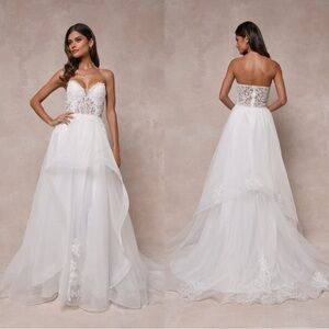 Size L - Lulus Mine, All Mine White Embroidered Organza Strapless A-Line Gown‎